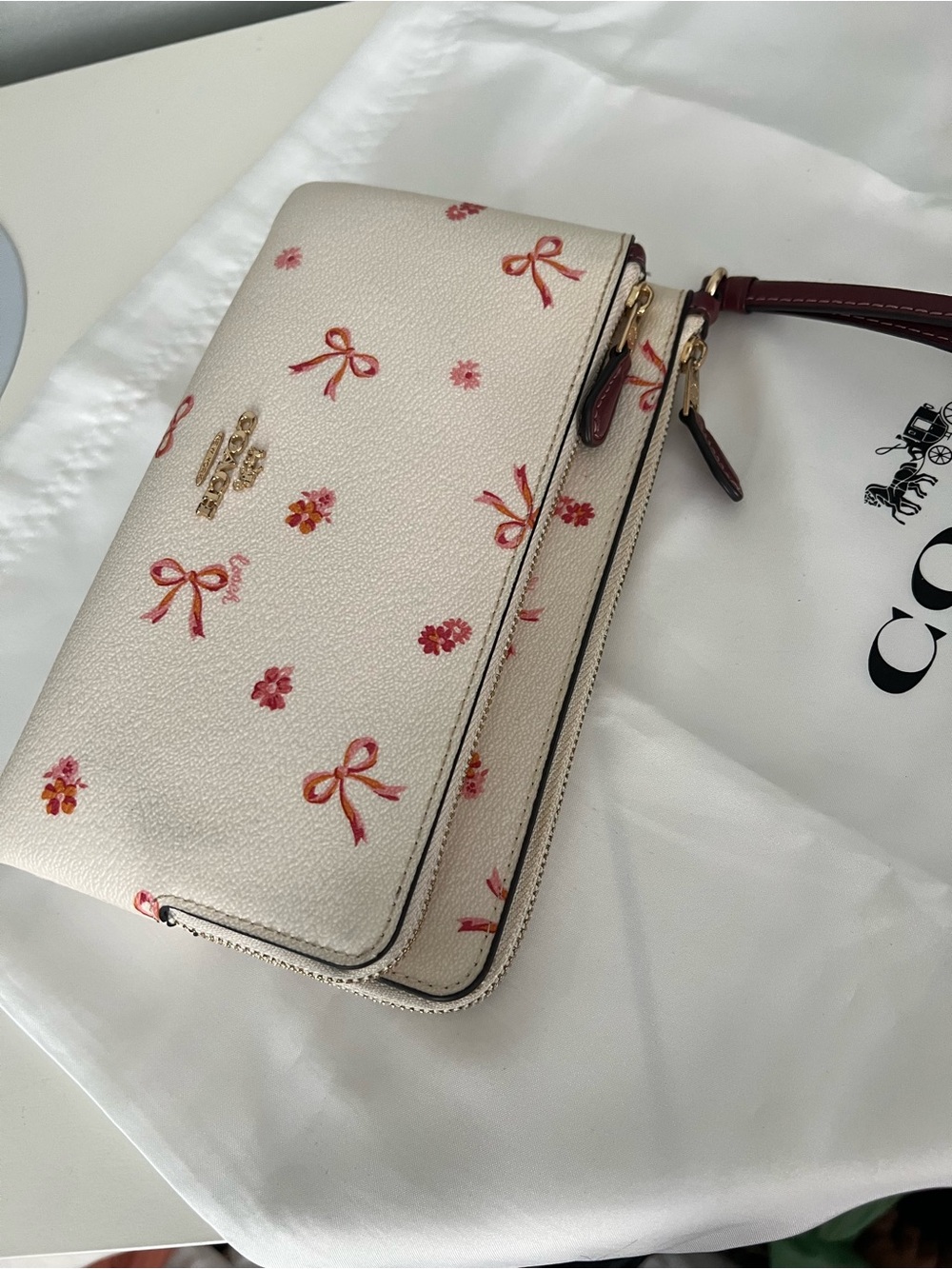 Coach Cream Wristlet with Pink & Red Floral Bows